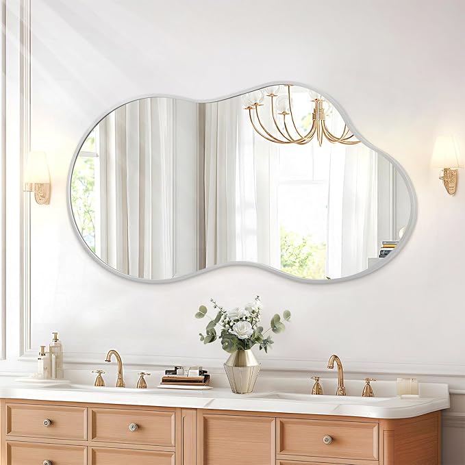 JJUUYOU Bathroom Wall Mirror Irregular Mirrors for Wall Large Metal Frame Hanging 26"x47" Vanity Wall Mounted Mirror for Living Room Bedroom Entryway Vanity Home Decor Silver
