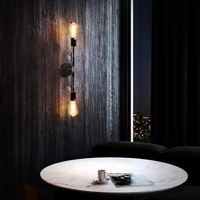 Minimalist Black 2 Lights LED Wall Light Up/Down Indoor Lamp,360° Adjustable Uplighter Downlighter,Rustic Country Vintage Loft Wall Sconce Fixture Fitting Retro Warm Edison Lamps E26 Max 2*60W
