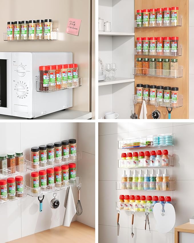 Nieifi Spice Rack Wall Mount, 4 Pack, Clear, Screw or Adhesive Installation, Spice Rack Organizer for Your Kitchen Cabinet or Pantry Door