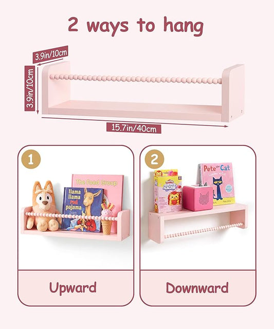 Nursery Book Shelves for Wall Set of 3, Pink Natural Wood Bookshelf Wall Decor, Small Floating Shelf Organizer for Kids Room, Bedroom, Kitchen Spice Rack