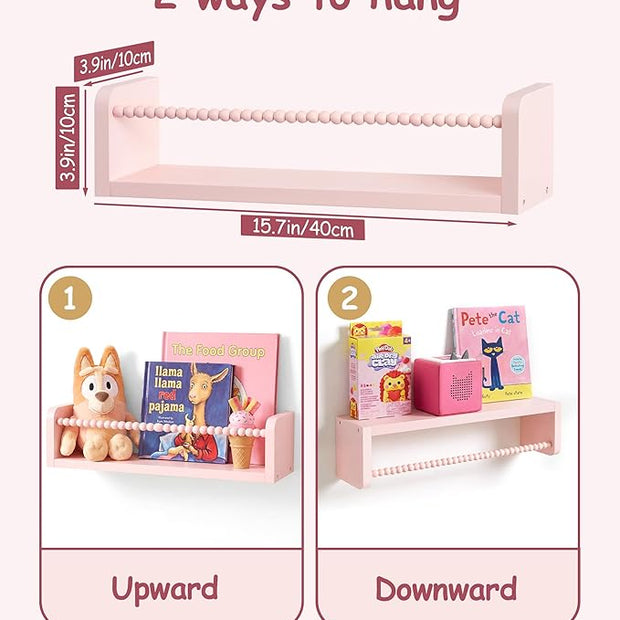Nursery Book Shelves for Wall Set of 3, Pink Natural Wood Bookshelf Wall Decor, Small Floating Shelf Organizer for Kids Room, Bedroom, Kitchen Spice Rack