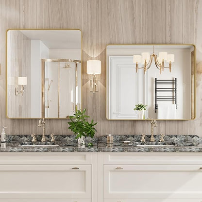 Gold Bathroom Mirror, 30x36 Inch Brushed Gold Metal Frame Mirror for Wall, Rounded Rectangle Bathroom Vanity Mirror, Tempered Glass, Anti-Rust, Horizontal/Vertical