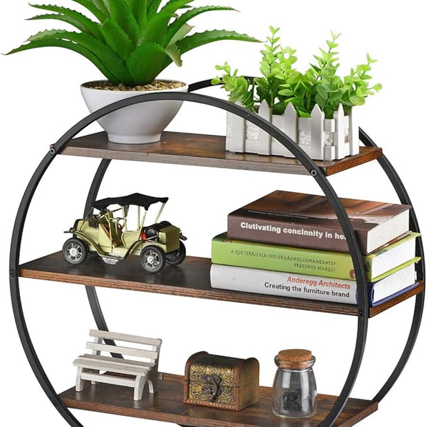 Floating Shelves, 3 Tier Decorative Geometric Circle Metal and Wood Wall Shelves, Bathroom Shelf Round Wall Decor, Rustic Brown