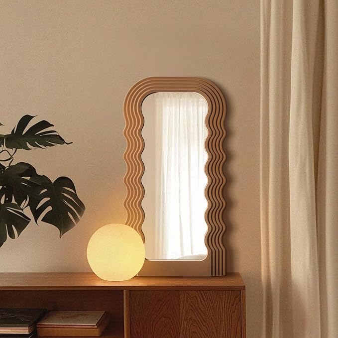 Wavy Wall Mirror for Cozy Home Decor, 14x28 Arched Wall Mounted Mirror with Velvet Touch for Girly Bedroom Decoration, Unique Home Accent for Modern Room Aesthetics (Brown)
