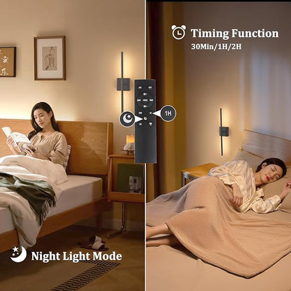Battery Operated Wall Sconce Set of 2, 8000mAh Wireless Wall Sconces, 3000K-6000K Dimmable, 350°Rotate, Indoor Wall Lights with Remote for Bedroom Living Room Bathroom, Black, 23.6 Inch