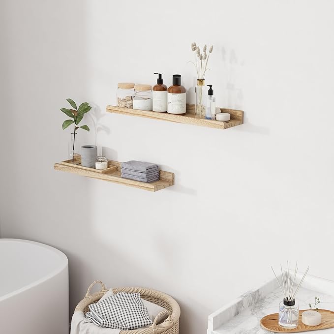 RICHFOCUS Floating Shelves for Wall, 24 inch Solid Wood Picture Ledge Shelf for Wall Storage, Nursery Book Shelves with Lip for Living Room Bathroom Bedroom Kitchen, Set of 2, Carbonized Black