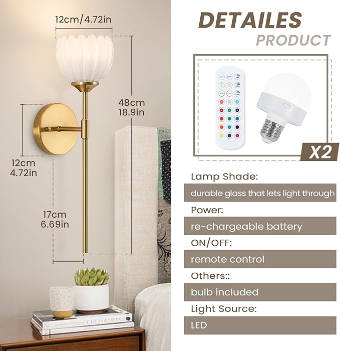 Vintage Battery Operated Wall Sconce Set of 2, Wall Lights with RGB Dimmable Bulbs and Remote,Rechargeable LED Wireless Wall Lamps for Living Room Hallway Bedroom