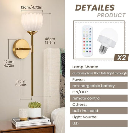 Vintage Battery Operated Wall Sconce Set of 2, Wall Lights with RGB Dimmable Bulbs and Remote,Rechargeable LED Wireless Wall Lamps for Living Room Hallway Bedroom