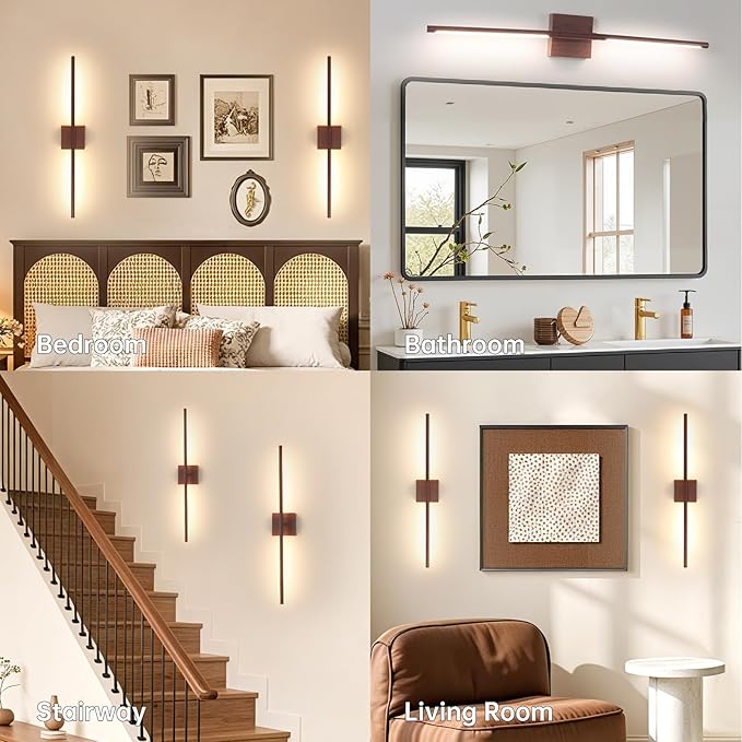 Battery Operated Wall Sconce Set of 2, 10400mAh Rechargeable Wall Sconces, 3000K-6000K Dimmable, 350°Rotate, Indoor Wall Lights for Bedroom Living Room Bathroom, Black Walnut, 31.5 Inch