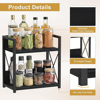 Giikin Countertop Organizer, 2 Tier Coffee Station Organizer for Desktop, Wood Counter Shelf Spice Rack for Kitchen (Black, M)