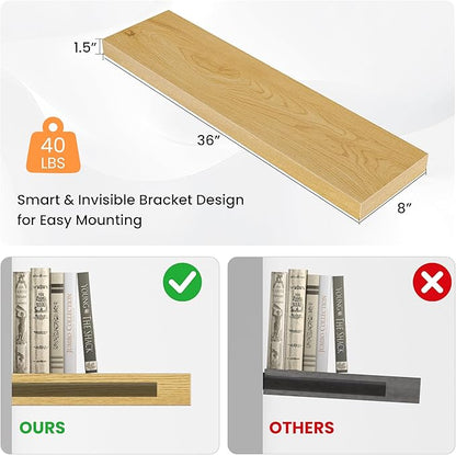36 Inch Floating Shelves for Wall, Wooden Wall Mounted Display Shelves with Invisible Brackets for Living Room, Bedroom, Bathroom, Kitchen Decor and Storage, Set of 2, Oak