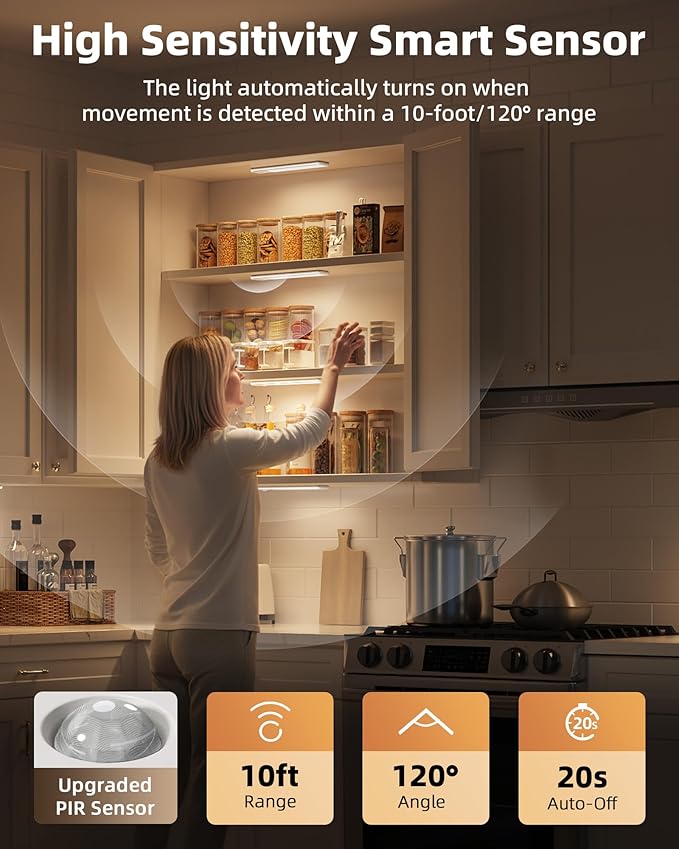 EZVALO 8-inch Under Cabinet Lighting, 1800mAh Rechargeable Motion Sensor Light, 3 Color Temperatures, Dimmable Magnetic Wireless Light for Kitchen, Pantry, Closet, Stairs