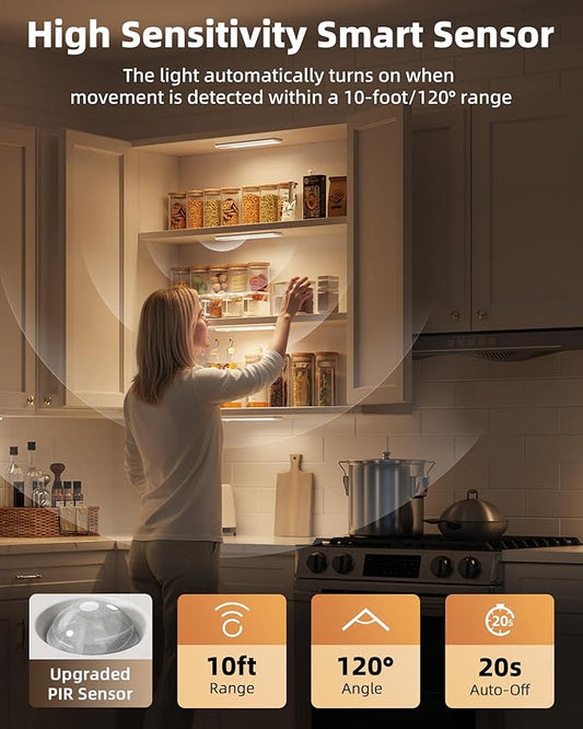 EZVALO 8-inch Under Cabinet Lighting, 1800mAh Rechargeable Motion Sensor Light, 3 Color Temperatures, Dimmable Magnetic Wireless Light for Kitchen, Pantry, Closet, Stairs