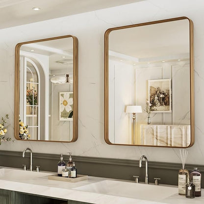 LOAAO 22X30 Inch Bathroom Mirror with Wood Grain Colored Metal Frame, Rounded Rectangle Metal Framed Bathroom Mirror, Anti-Rust, Hangs Horizontally or Vertically