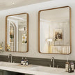 LOAAO 32X36 Inch Bathroom Mirror with Wood Grain Colored Metal Frame, Rounded Rectangle Metal Framed Bathroom Mirror, Anti-Rust, Hangs Horizontally or Vertically, Tempered Glass