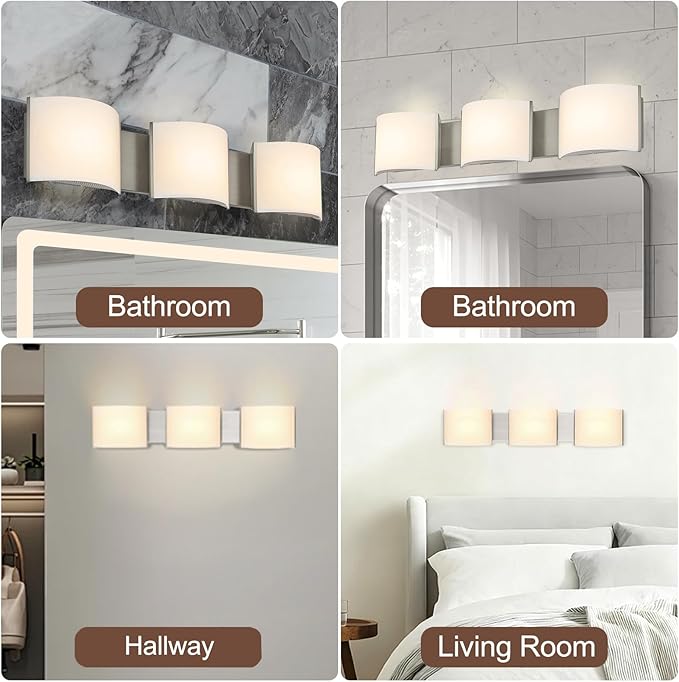 Modern LED Wall Sconce, Indoor Vanity Wall Lighting, 3-Light Bathroom Light Fixtures, Brushed Nickel for Hallway Bedroom Living Room