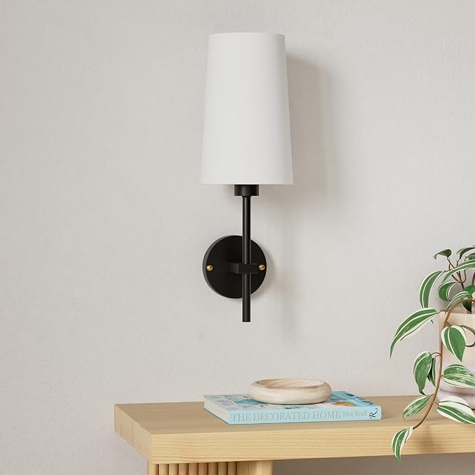 Battery Operated Wall Sconce Set of 2, Wireless Dimmable Battery Powered Wall Lamp with Remote Control, White Fabric Shade for Bedroom, Easy To Install, 3 Color Temp Bulb Included