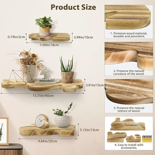 3 Sets Small Floating Shelves for Wall, 3 Size Rustic Live Edge Floating Shelves with Invisible Metal Bracket for Living Room Bedroom Kitchen, Wooden