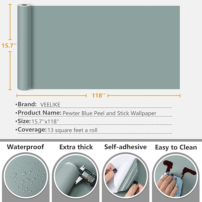 VEELIKE 15.7''x118'' Dusty Blue Wallpaper Peel and Stick Removable Blue Contact Paper for Cabinets Walls Waterproof Self Adhesive Light Blue Wall Paper for Bedroom Bathroom Kitchen Countertops Shelf