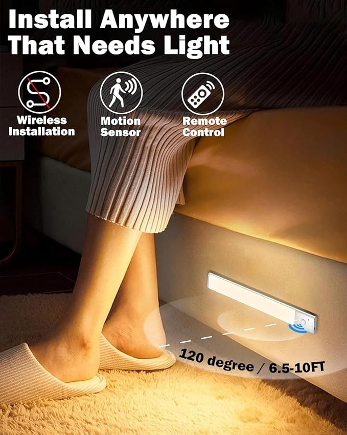 Under Cabinet Lighting with Remote, 64 LEDs Motion Sensor Light Indoor Closet Lights, 3 Color Temps Wireless Rechargeable Dimmable LED Night Light for Shelf, Pantry, Stair, 3 Pack