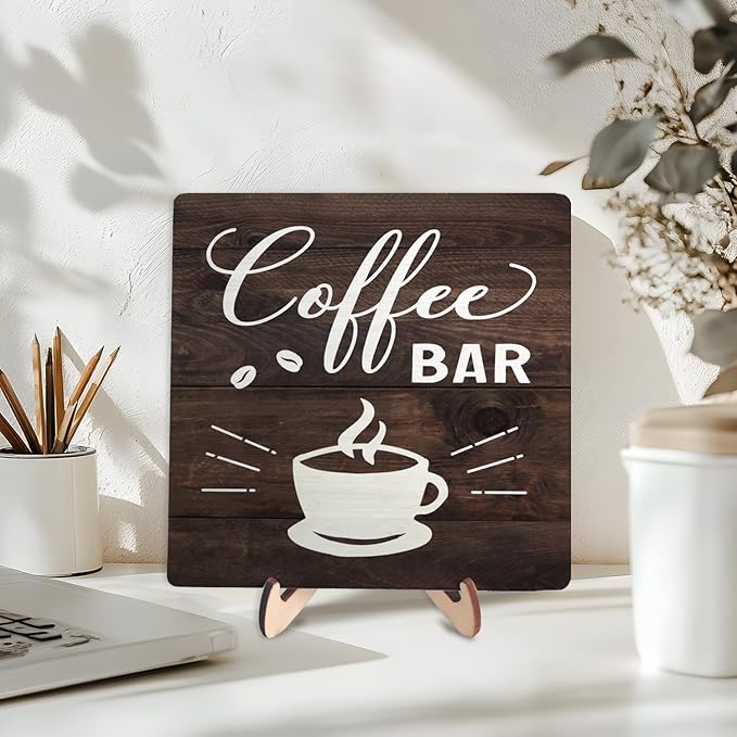 Funny Coffee Bar Decor Sign – Rustic Wooden Plaque for Coffee Station, Farmhouse Cafe Shelf Accessories, Desk or Kitchen Counter Decor,Birthday,Mother Day Gift 5.9 x 5.9 Inch (Brown)