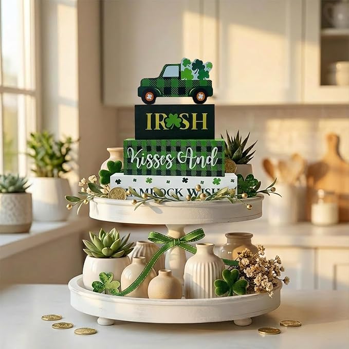 St. Patrick's Day Decorations, 4 Pcs Wooden St. Patrick's Day Table Decorations, Shamrock Truck Tiered Tray Decor, Wooden Table Sign for Desk Shelf Mantel Centerpiece, Indoor Home Decor