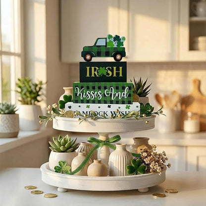 St. Patrick's Day Decorations, 4 Pcs Wooden St. Patrick's Day Table Decorations, Shamrock Truck Tiered Tray Decor, Wooden Table Sign for Desk Shelf Mantel Centerpiece, Indoor Home Decor