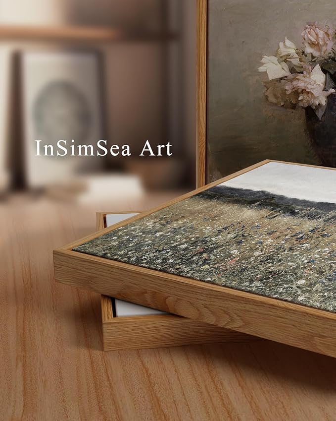 InSimSea Framed Canvas Wall Art Vintage Decor, Landscape Wall Art, Meadow with Flowers Art, Modern Farmhouse Decor, Cottagecore Bedroom Bathroom Office Decorations, 24