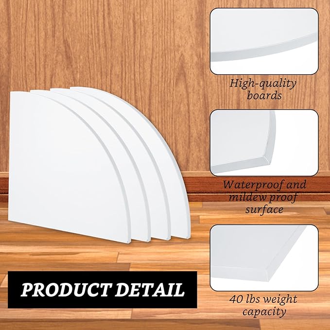 4 Pcs Floating Corner Shelf with Mounting Accessories, Wooden Round Corner Wall Shelves, Wall Mounted Corner Storage Shelf for Bathroom, Bedroom, Living Room (White)