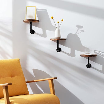 Navaris Industrial Pipe Shelf Set - 3 Small Rounded Wood Shelves with Shelf Brackets - 7.9" x 5.9" Wall-Mounted Wooden Shelving - Size S, Burnt Brown