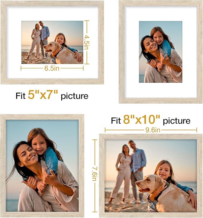 Vittanly 8x10 Picture Frames Set of 4, Display Pictures 5x7 with Mat or 8x10 without Mat, Gallery Frame Set for Wall or Tabletop, Engineered Wood with Shatter Resistant Plexiglass, Light Nature