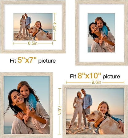 Vittanly 8x10 Picture Frames Set of 4, Display Pictures 5x7 with Mat or 8x10 without Mat, Gallery Frame Set for Wall or Tabletop, Engineered Wood with Shatter Resistant Plexiglass, Light Nature