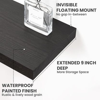 Solid Wood Floating Shelves For Wall, 24”W x 9”D x 1.56”H Large Wall Shelves for Living Room Bedroom Bathroom Kitchen Drcor Storage with Invisible Heavy-Duty Metal Bracket, Carbonized Oak, 2 Pack