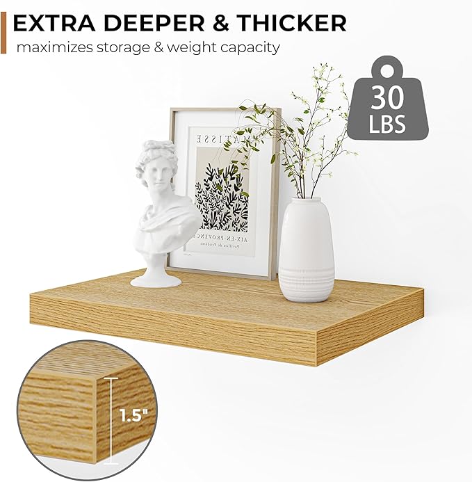 Fun Memories Floating Shelves - 2 Pack 12 Inch Rustic Wooden Wall Shelves - Extra Deeper & Thicker Wall Mounted Storage Shelf for Living Room, Kitchen, Farmhouse - 16