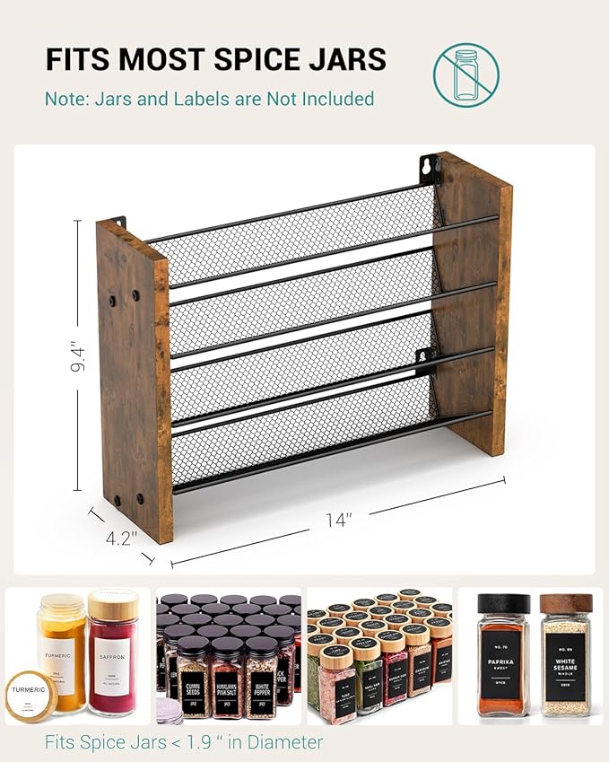 NESAPTO Spice Rack Organizer for Cabinet, Wooden 4 Tier Vertical Seasoning Organizers for Kitchen Pantry, Countertop/Wall Mount, Holds 28 Spice Jars (No Jars Included), 14