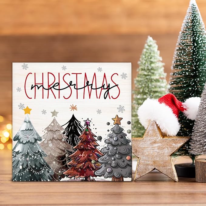 Farmhouse Christmas Decor - Merry Rustic Wooden Sign, Star Christmas Tree Decor - 5 x 5 Inches