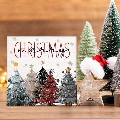 Farmhouse Christmas Decor - Merry Rustic Wooden Sign, Star Christmas Tree Decor - 5 x 5 Inches