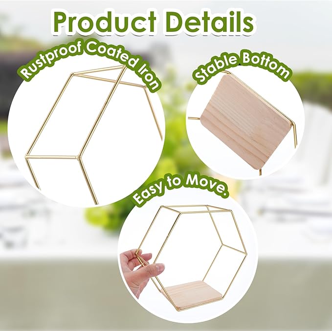 Wall Mounted Hexagon Floating Shelves, Metal Framed Gold Shelf with Wooden Floor Storage Shelves, Modern Wall Decor for Living Room, Bedroom, Kitchen, Office, Set of 3 Size ﻿