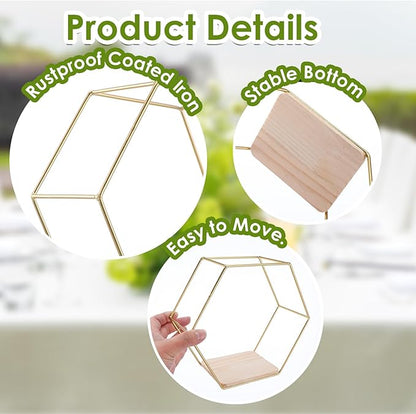 Wall Mounted Hexagon Floating Shelves, Metal Framed Gold Shelf with Wooden Floor Storage Shelves, Modern Wall Decor for Living Room, Bedroom, Kitchen, Office, Set of 3 Size ﻿