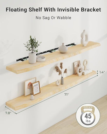 Axeman 72" Solid Wood Floating Shelves for Wall Decor, USA-Sourced Rustic Ash Wood Live Edge Shelf with Upgraded Heavy Invisible Bracket, Wall Mounted Shelf for Kitchen Bathroom Living Room, Natural