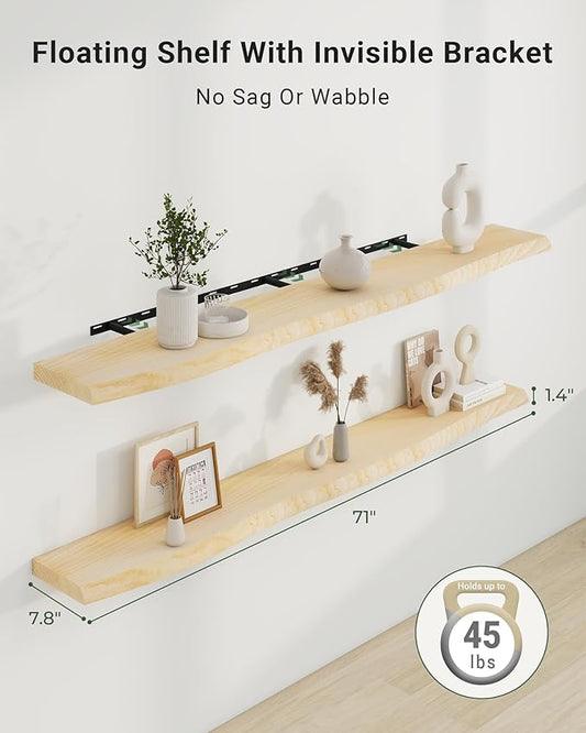 Axeman 72" Solid Wood Floating Shelves for Wall Decor, USA-Sourced Rustic Ash Wood Live Edge Shelf with Upgraded Heavy Invisible Bracket, Wall Mounted Shelf for Kitchen Bathroom Living Room, Natural