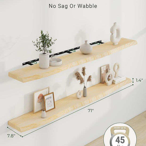 Axeman 72" Solid Wood Floating Shelves for Wall Decor, USA-Sourced Rustic Ash Wood Live Edge Shelf with Upgraded Heavy Invisible Bracket, Wall Mounted Shelf for Kitchen Bathroom Living Room, Natural