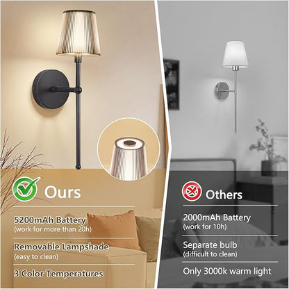 Kimjo Battery Operated Wall Sconce Set of 2, 5200mAh Rechargeable Wireless Wall Sconces Lights with Dimmable Timer Remote, Cordless Black Wall Light for Bedroom Living Room Hallway Decor