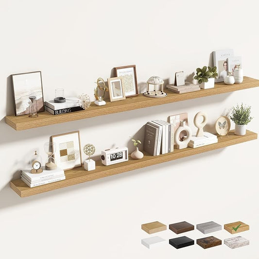 72 Inch Floating Shelves for Wall 2 Pack, 72" Wall Shelves for Books, Storage, Decor, Wall Mounted Floating Shelf with Invisible Brackets for Kitchen, Living Room, Light Brown