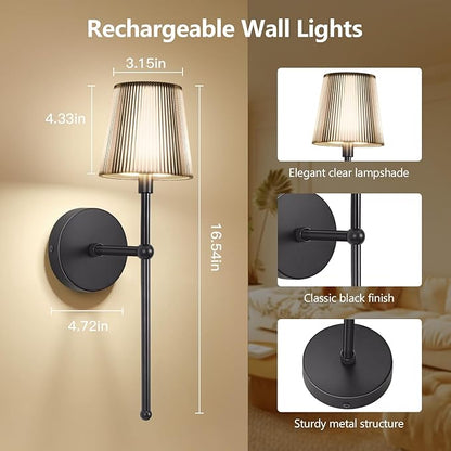 Kimjo Battery Operated Wall Sconce Set of 2, 5200mAh Rechargeable Wireless Wall Sconces Lights with Dimmable Timer Remote, Cordless Black Wall Light for Bedroom Living Room Hallway Decor