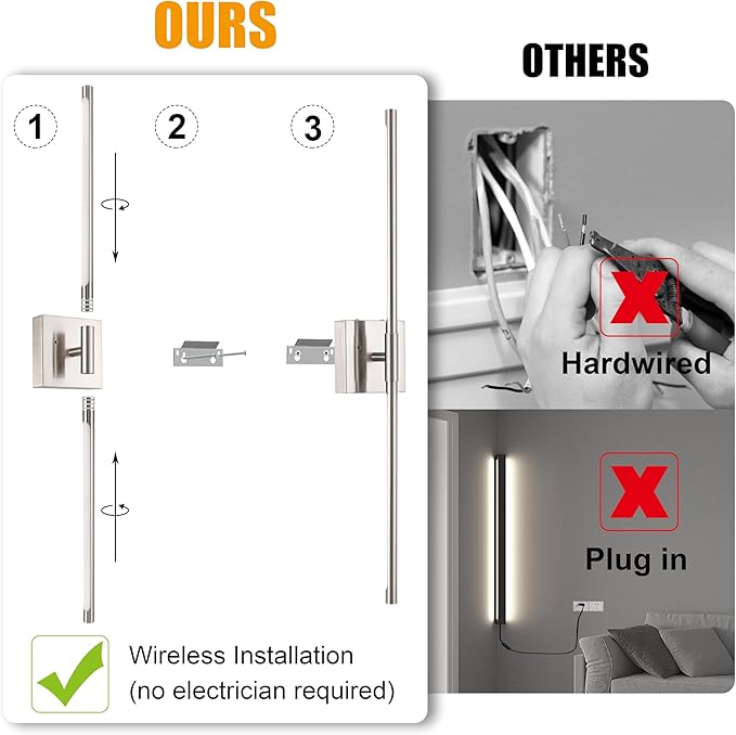 40 Inch Sand-Nickel Battery Operated Wall Sconces Set of Two, Dimmable Wall Sconces with Remote Control, Rechargeable Sconces, LED Wireless Wall Lights for Bedroom, Living Room, Bathroom