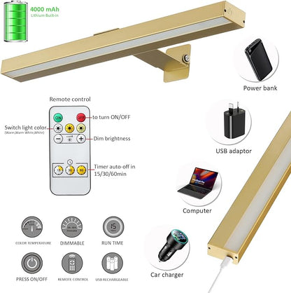 Rechargeable Picture Lights with Remote, Rechargeable Battery Painting Light, Dimmable/Timer Off LED Dartboard Light, 16" Full Metal Picture Light with 50 LEDs for Artwork & Gallery Walls