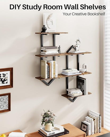 3 Tier Floating Shelves, Set of 2 Wall Shelves for Living Room, Modern Geometric Wooden Shelf for Wall Decor, Hanging Storage Shelf for Bedroom Bathroom Kitchen Home Office (Rustic Brown)