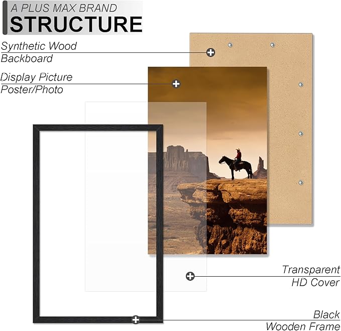 A PLUS MAX 17x24 Picture Frame Set of 3, Black Engineered Wood Frame for 17 x 24 Inch Picture Poster Photo, Light Weight 17 by 24 Frame with Wood-grain for Wall - 3 Pack/Black/17 x24