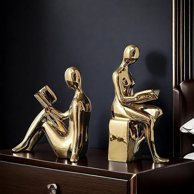 Home Decorative Reading Book Statue Bookends Elegant Ceramic Bookshelf Room Office Desk Decor,Paper Weights, Book Ends,Bookend Supports, Book Stoppers, Set of 2 (Gold)